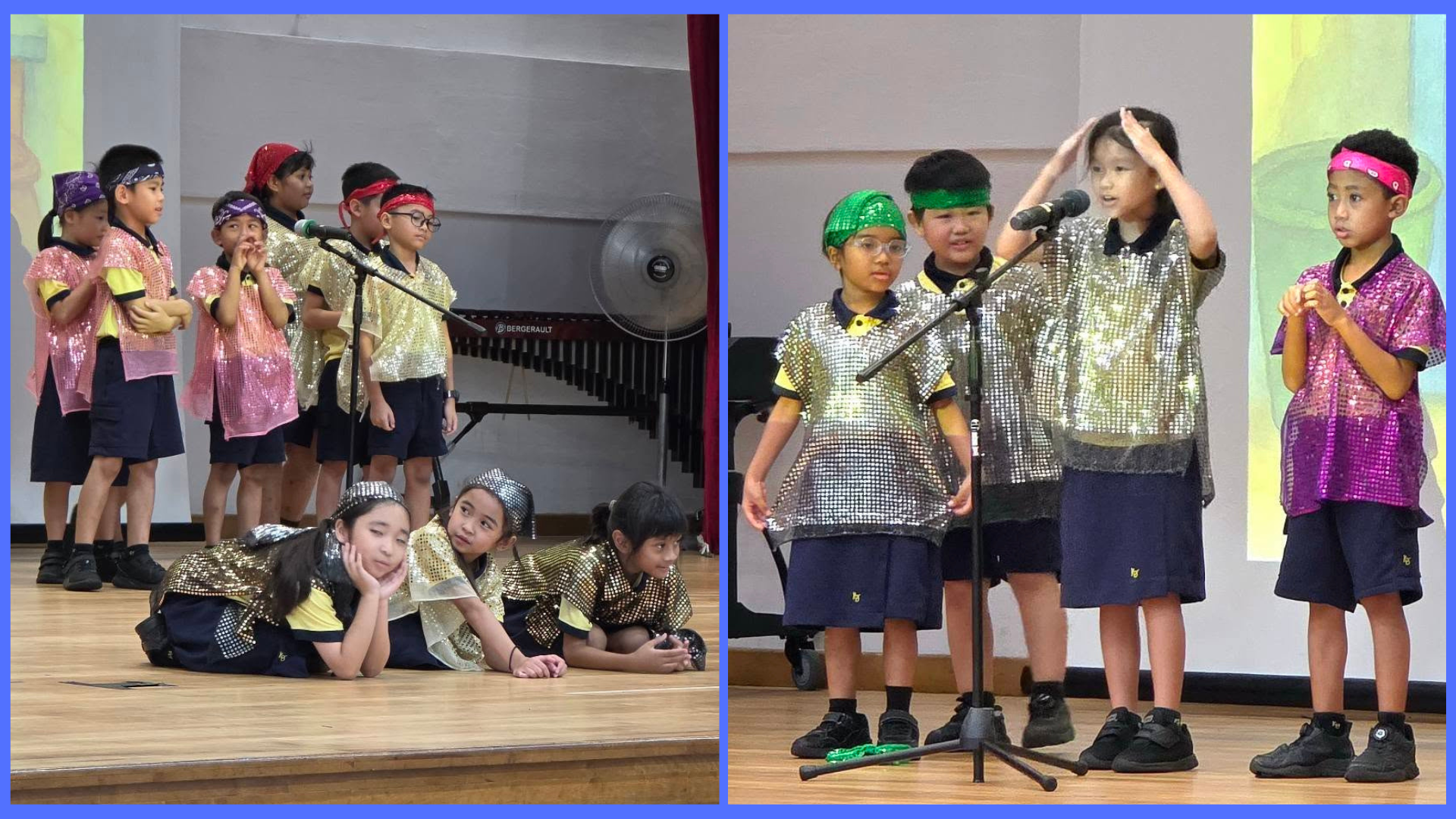 Two groups of young students in colorful sequined costumes perform on stage with microphones.